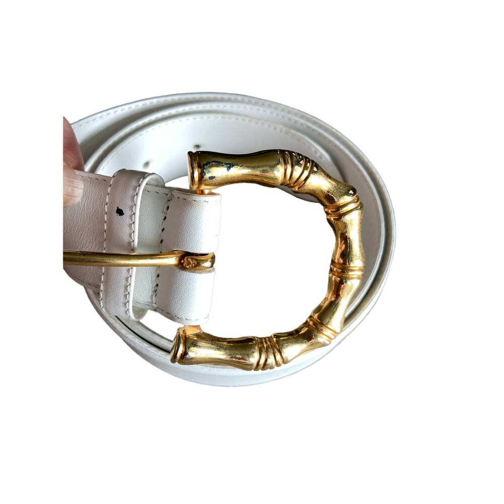 White Genuine Leather Belt with Golden Buckle 5 Holes Size L